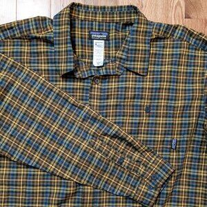 Patagonia Organic Cotton Plaid Long Sleeve Button Down Shirt Mens XXL Brown Blue